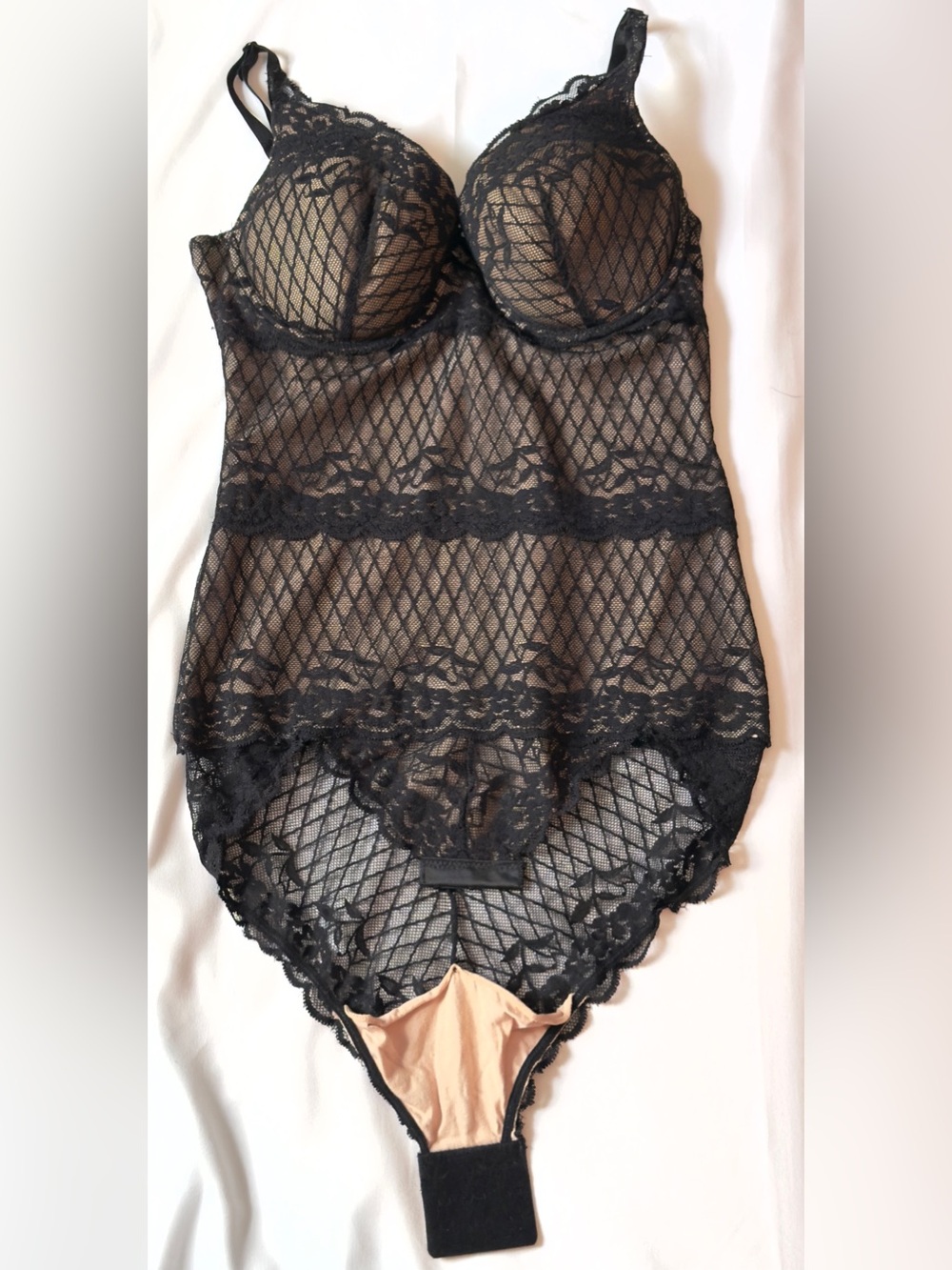 Skinnygirl by Bethenny Frankel, Diamond Lace Bodysuit, Nude Beige, Size M